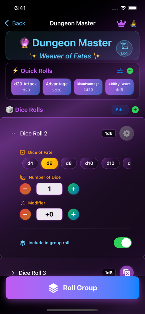 Screenshot of the Legend Roller app showing the Dungeon Master interface with quick roll presets and customizable dice settings.