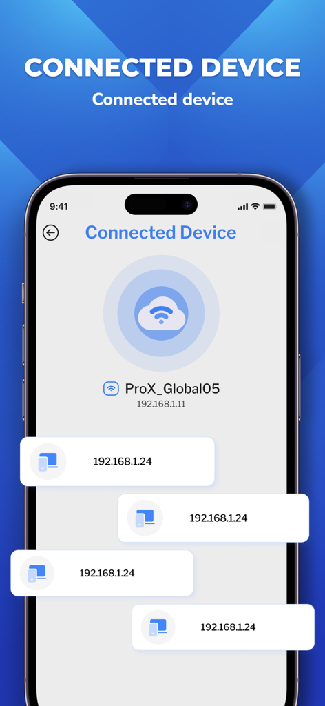 WiFi Password - WiFi Scan - Interface de smartphone montrant une liste d'appareils connectés à un réseau WiFi avec leurs adresses IP