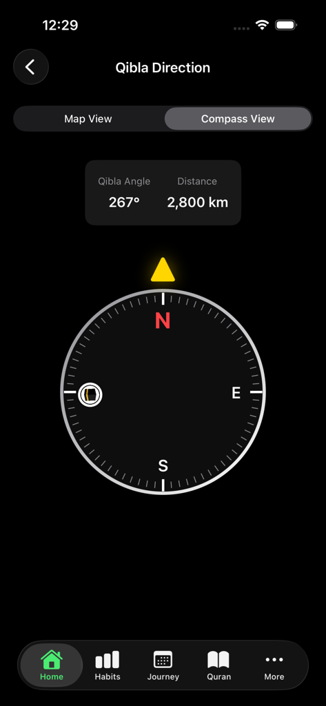 Ramadan Planner: Track & Pray - A digital Qibla compass screen in the Ramadan Planner app showing the direction to Mecca, the Qibla angle, and distance.