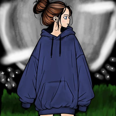 realistic girl with a oversized sweatshirt on and a bun