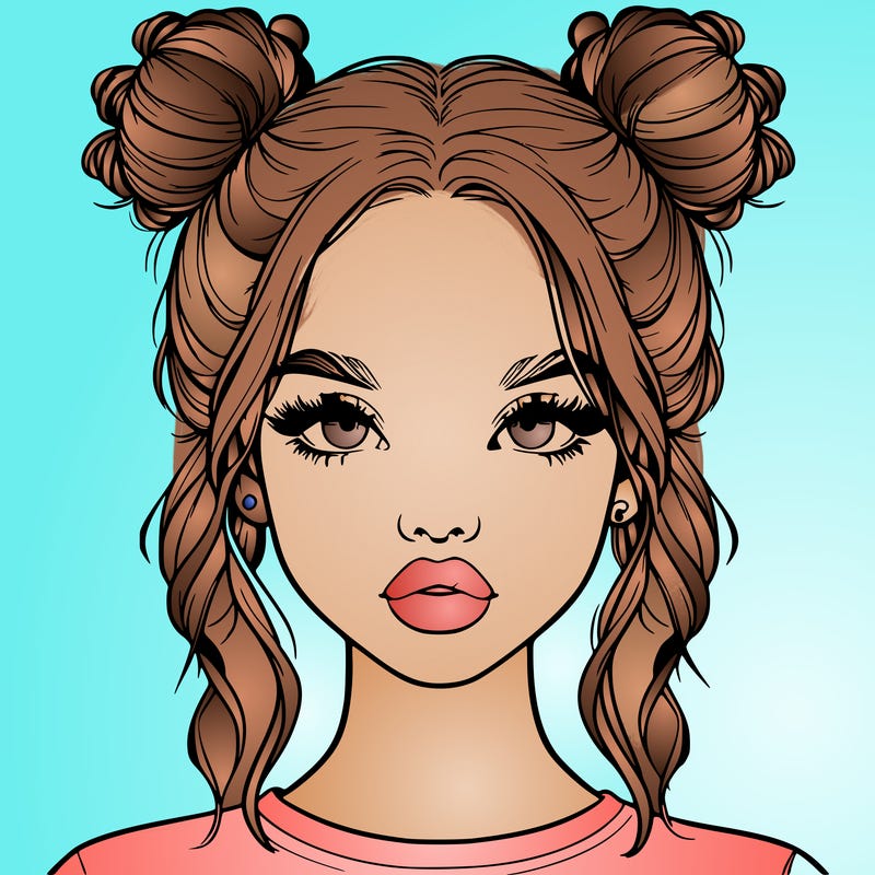 realistic girl with two buns in hair and lips