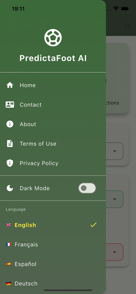 PredictaFootIA - PredictaFootIA app sidebar menu showing navigation links dark mode toggle and language selection