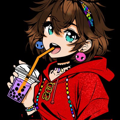 hot baddie anime girl drinking boba and biting the straw