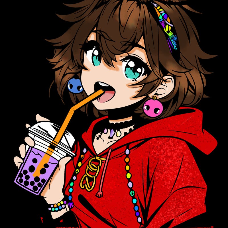 hot baddie anime girl drinking boba and biting the straw