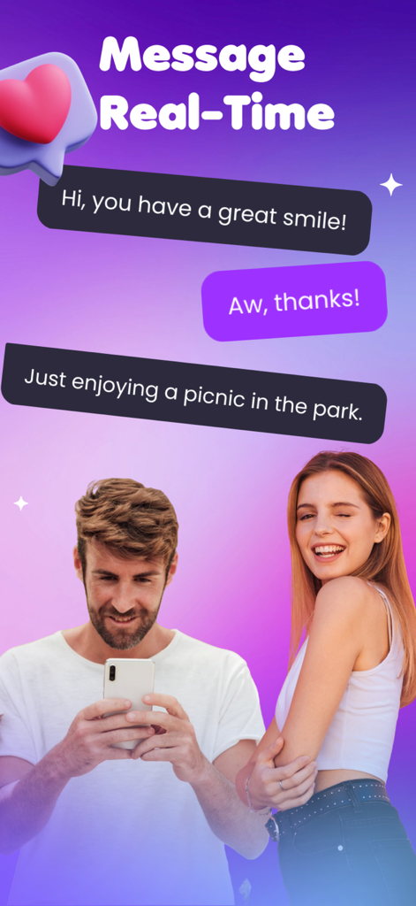 MOKA : Play & Live Stream - 男性と女性がMOKAアプリのリアルタイムチャット機能を通じて、紫色の背景に吹き出しでコミュニケーションしている様子。