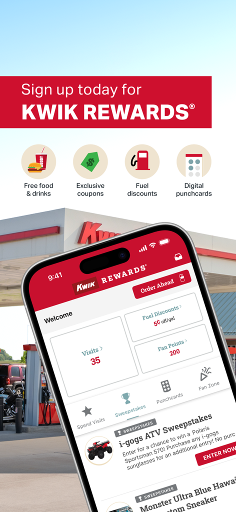 Interfaccia dell'app Kwik Rewards che mostra sconti sul carburante, tracciamento delle visite e ricompense per i membri su uno schermo mobile.