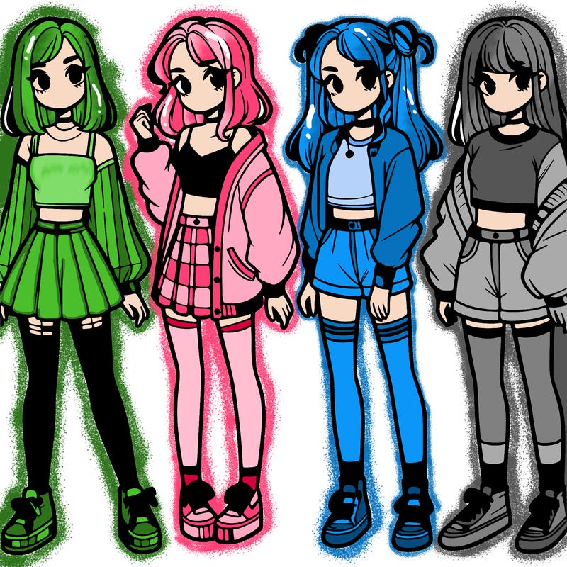 one girl with crop-top shirt and a jacket with a skirt, long socks and another girl with a shirt and pants with a jacket