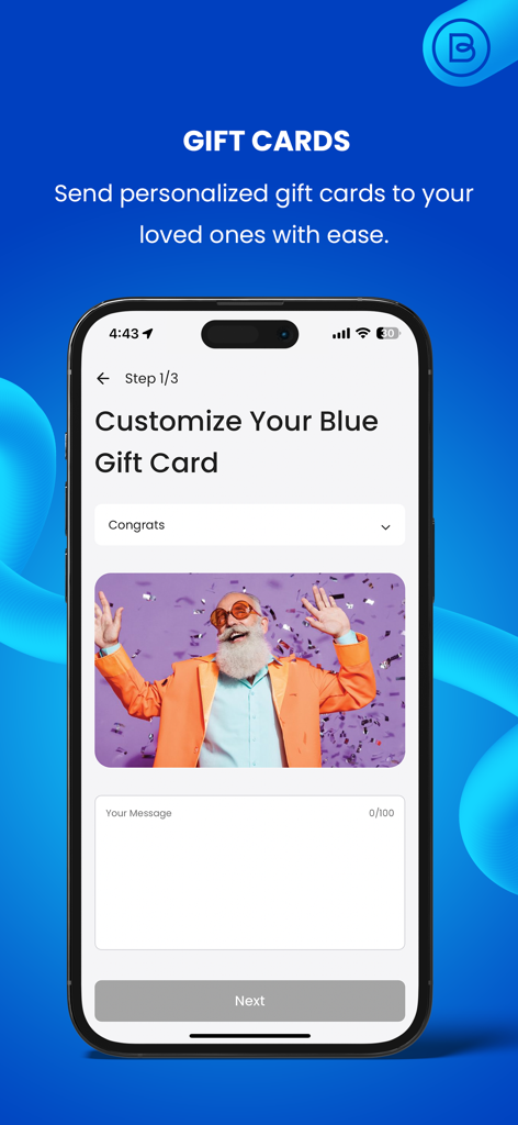 Interface for customizing a digital gift card with a personalized message and image in the Blue Rewards app.