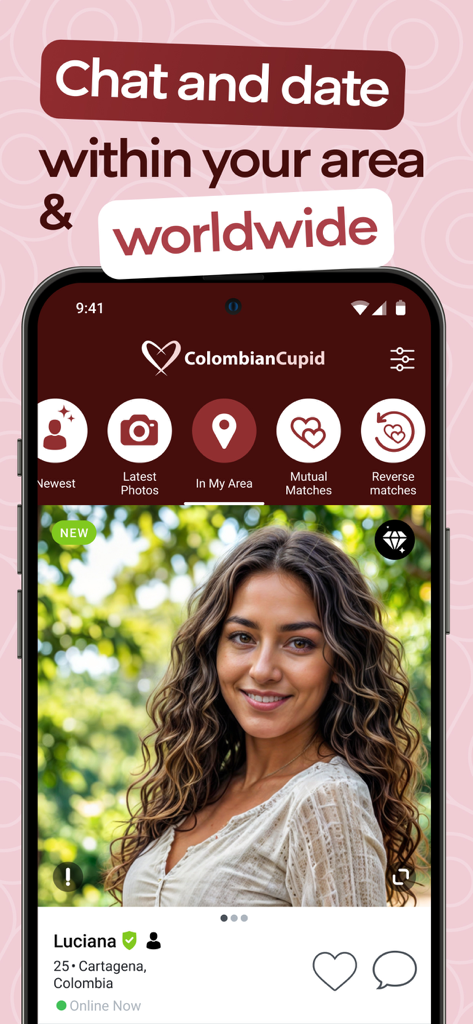ColombianCupid: Latin Dating - ローカルおよびワールドワイドのデート検索オプションが表示された女性のプロフィールを示すColombianCupidモバイルアプリの画面