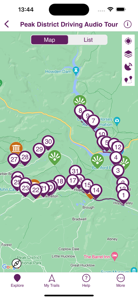 Map view of a driving audio tour in the Peak District with numbered waypoints in the Places and Trails app