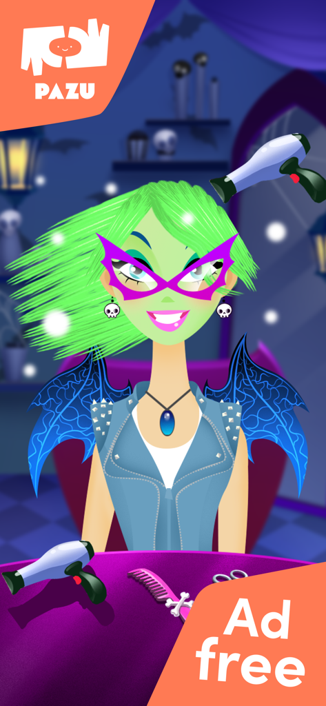 A green-skinned monster character with neon hair being styled in a spooky salon game