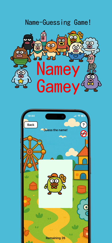 Quick Name Game – Namey Gamey - Capture d'écran de l'application Namey Gamey montrant un personnage de dessin animé farfelu sur une carte lors d'une session de jeu de devinettes de noms.