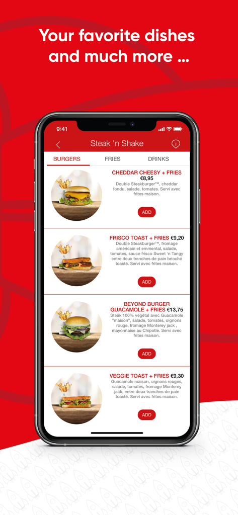 EatIn Monaco - Écran de l'application EatIn Monaco affichant un menu de restaurant pour les hamburgers et les frites.