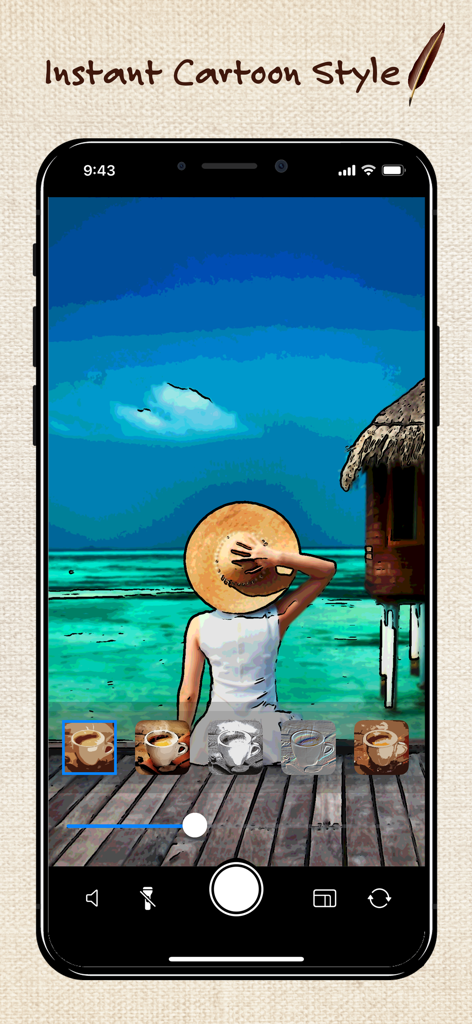 SketchSnap -Live Sketch Camera - Ein Smartphone, das die SketchSnap-App anzeigt und einen sofortigen Cartoon-Stil-Filter auf ein Foto einer Person an einem tropischen Strand anwendet.