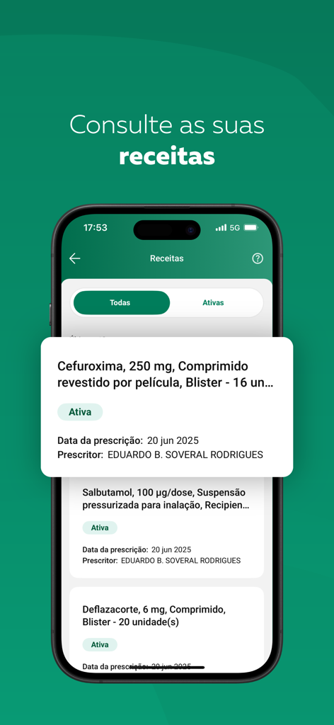 Smartphone screen displaying active digital medical prescriptions within the SNS 24 mobile application