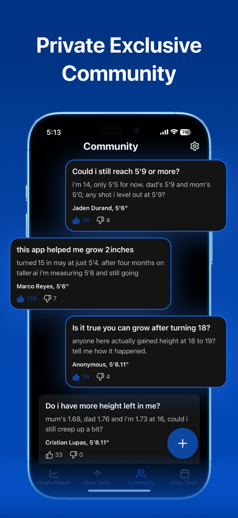 Taller AI app screen featuring a private exclusive community for height growth discussions
