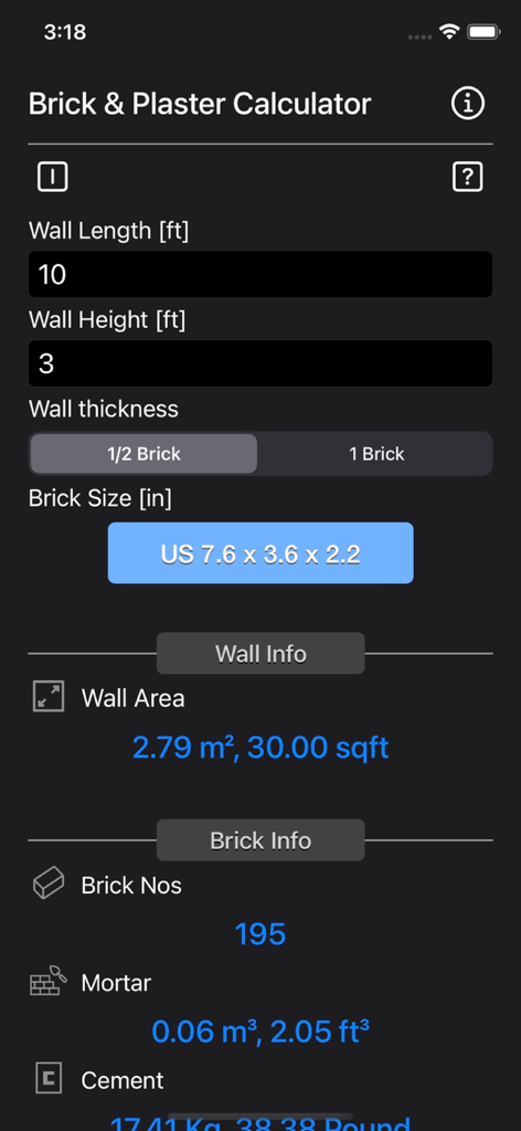 Brick and Plaster Calculator - Brick and Plaster Calculator app interface showing construction material estimates for a brick wall