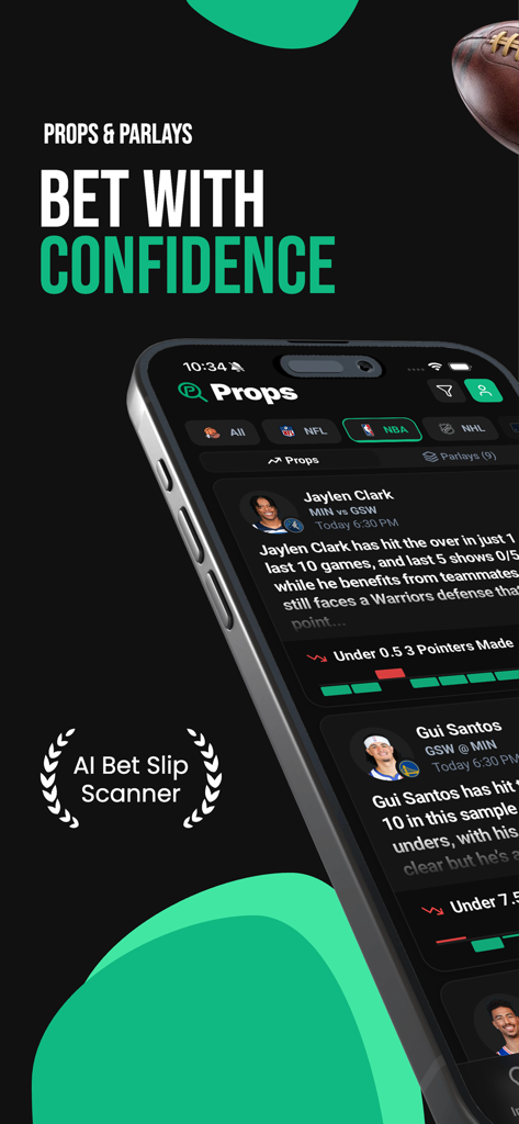 Interfaz de la aplicación móvil ParlayLens mostrando análisis de props de jugadores de la NBA y estadísticas de apuestas con IA.