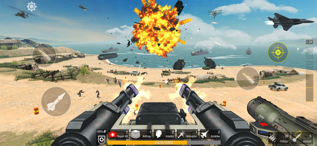 World War: Fight For Freedom - First person view of a heavy machine gun firing on a beach battlefield with explosions and military aircraft.