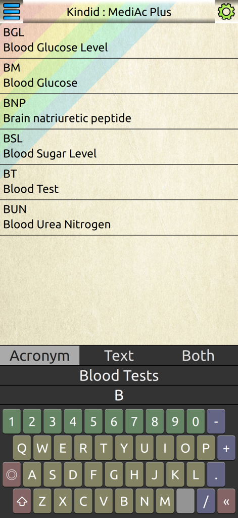 MediAc Plus - MediAc Plus App-Oberfläche, die Suchergebnisse für medizinische Akronyme im Zusammenhang mit Bluttests mit einer benutzerdefinierten Tastatur anzeigt.