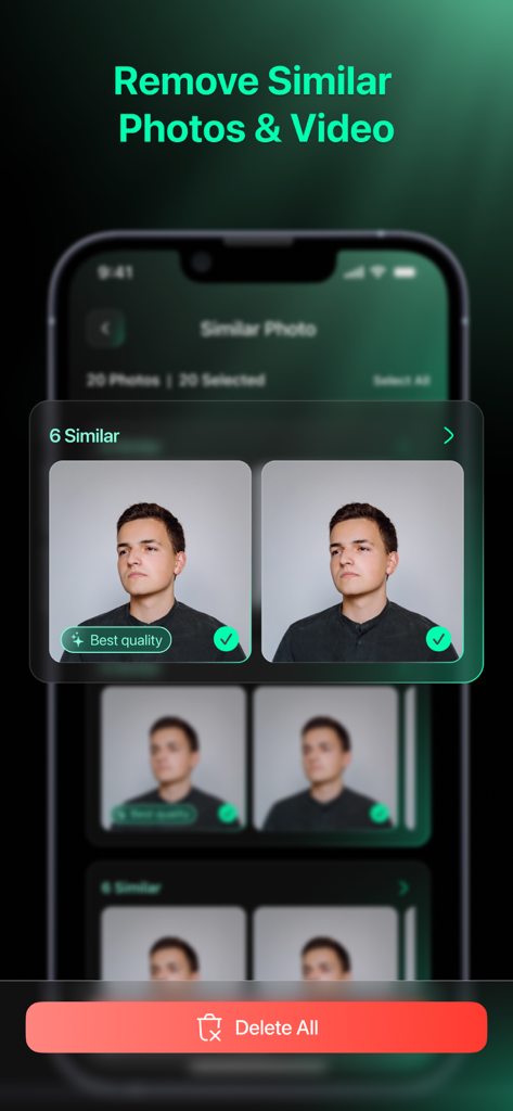 AIClean: Photo Storage Cleaner - AIClean app interface showing similar photos selected for deletion with a best quality label and a delete all button