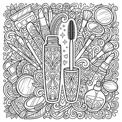 Step into a world of beauty with this detailed full-scene coloring page featuring a prominent mascara tube and wand. Surrounded by an array of makeup essentials and intricate patterns, it offers a stylish escape for all coloring enthusiasts.