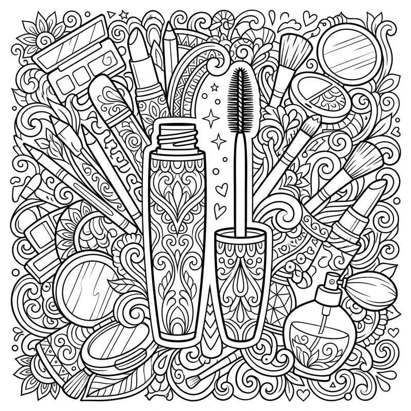 Step into a world of beauty with this detailed full-scene coloring page featuring a prominent mascara tube and wand. Surrounded by an array of makeup essentials and intricate patterns, it offers a stylish escape for all coloring enthusiasts.