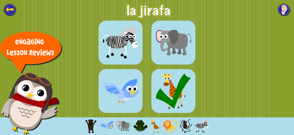 Gus the owl presenting a Spanish animal vocabulary lesson with interactive pictures and a checkmark