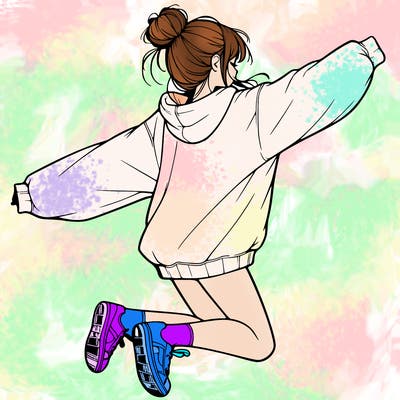 realistic girl jumping with a bun and oversized sweatshirt