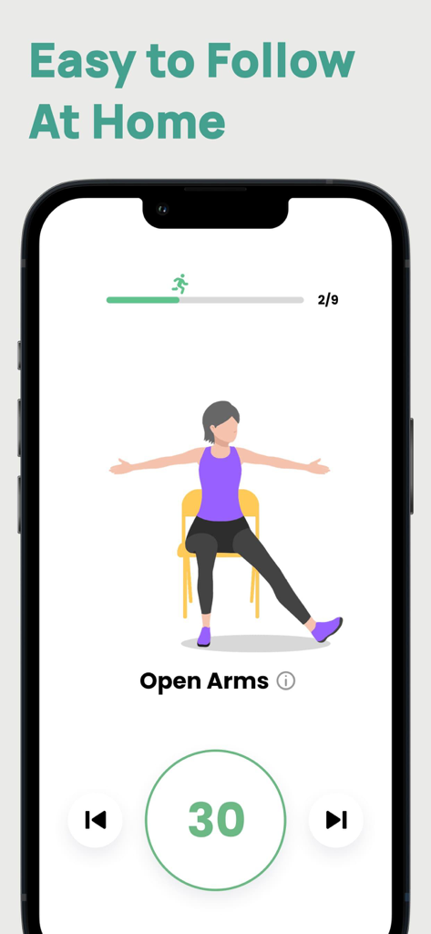 SeniorFit: Workout for Seniors - Interfaz de la aplicación SeniorFit que muestra una sesión guiada de yoga en silla con una ilustración de ejercicio de brazos abiertos y un temporizador de treinta segundos
