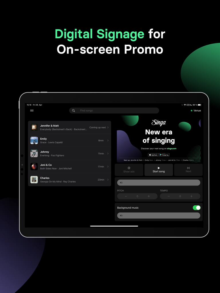 Singa Pro karaoke interface on iPad showing digital signage for venue promotions and a professional song queue management system