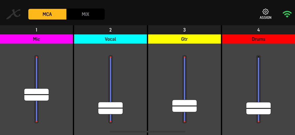 MX-Q app interface showing four MCA faders for mic vocal guitar and drums