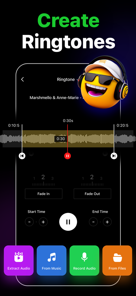 Ringtone Maker Garage app interface showing audio trimming tools and options to create custom ringtones from music and video.