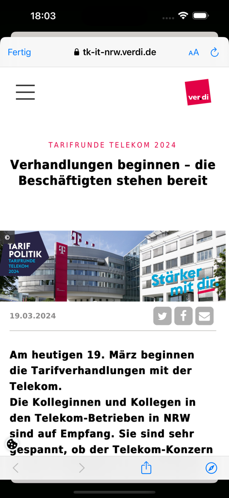 ver.di TK IT NRW - News article screen in the verdi TK IT NRW app discussing Telekom labor negotiations