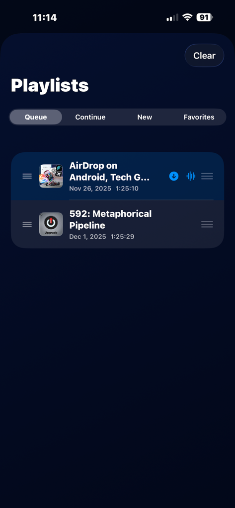 Modcast app playlist screen showing the podcast listening queue