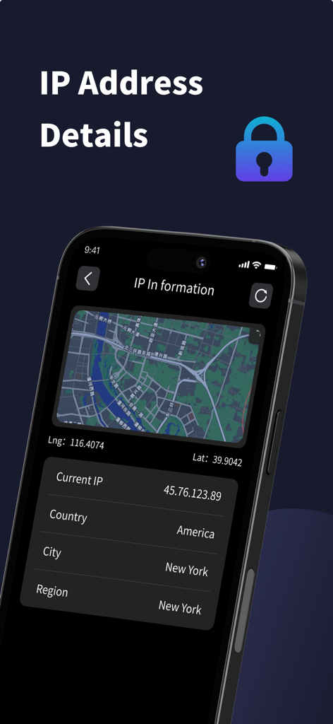 Sky VPN - Super VPN Master - Sky VPN app screen showing current IP address details and geographic location on a map