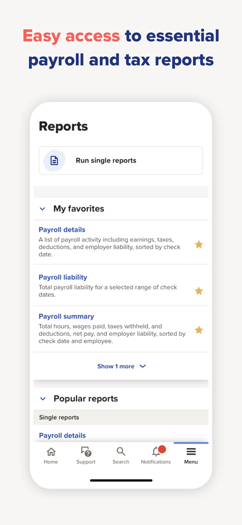 A screenshot of the ADP RUN mobile app interface showing a list of essential payroll and tax reports like payroll details and summaries.