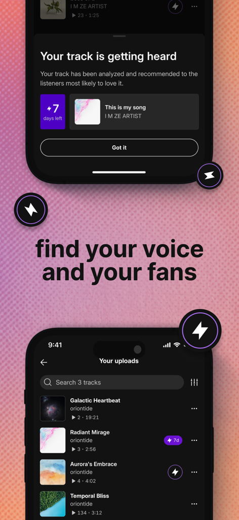 SoundCloud creator screen showing uploaded tracks and promotion status