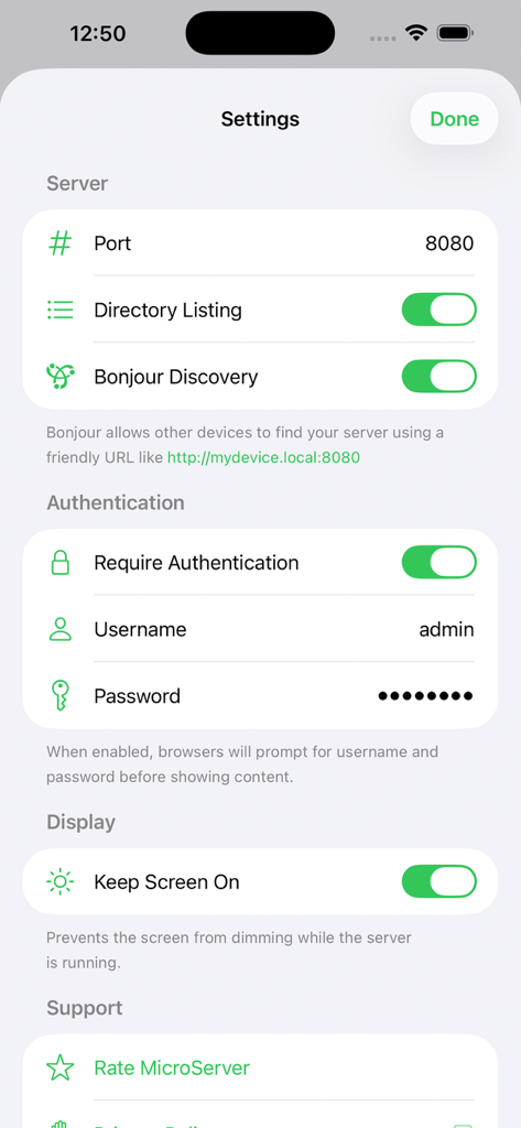 Pantalla de configuración de la aplicación MicroServer mostrando el puerto del servidor, descubrimiento Bonjour y configuración de autenticación