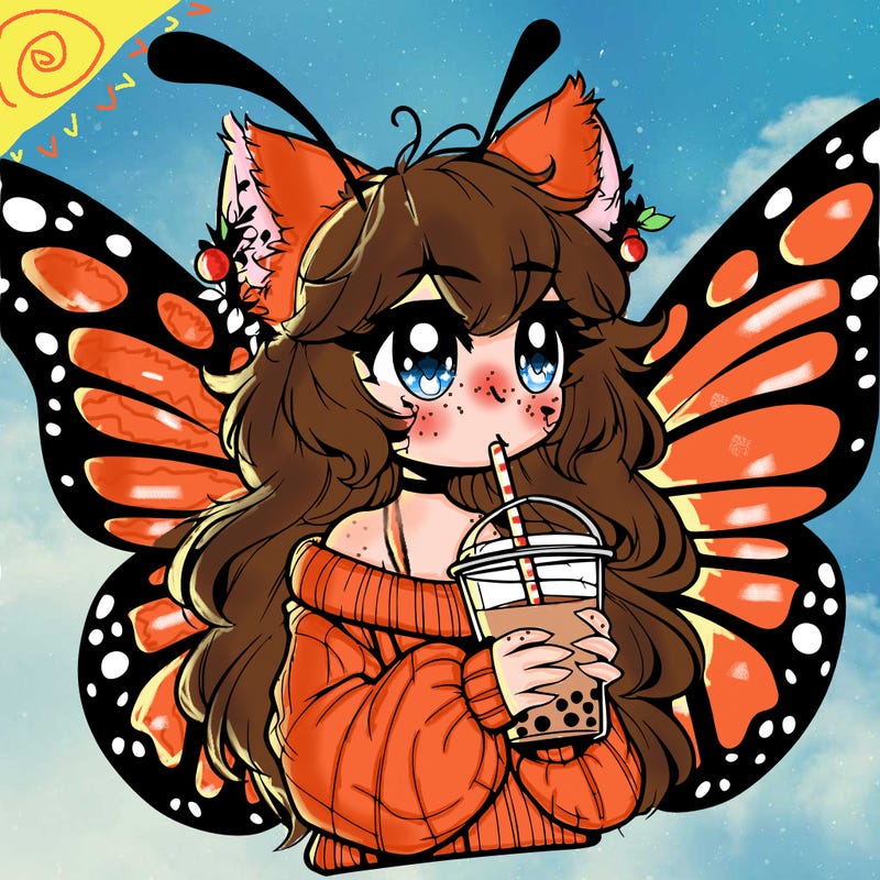 a realistic butterfly/furry girl drinking boba