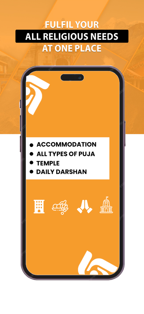 YatraDham app screen displaying services for religious travel including accommodation, puja, and daily temple darshan.