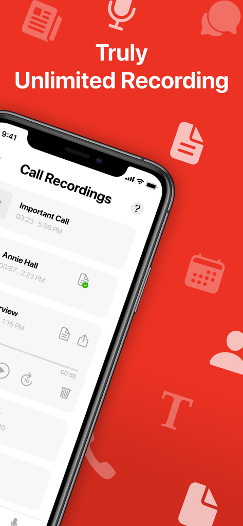 Tela do iPhone mostrando uma lista de gravações de chamadas no aplicativo Gravador de Chamadas com o título Gravação Verdadeiramente Ilimitada