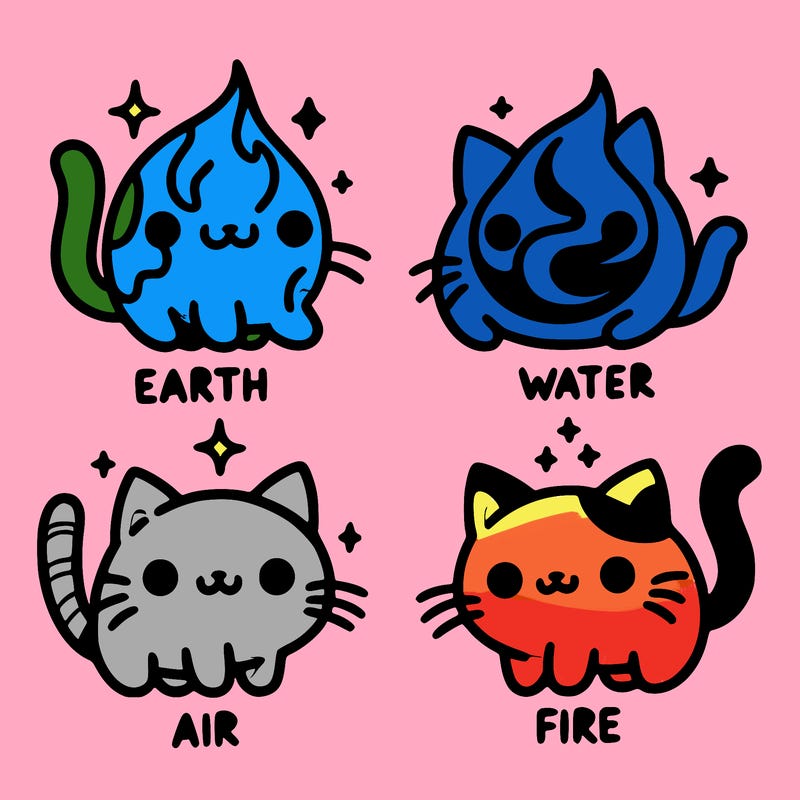 4 cats that represent the different elements, earth, water, air, and fire