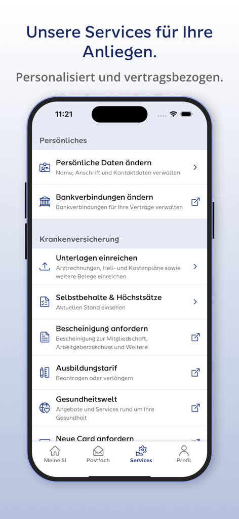 Meine SI Mobile - Screenshot of the Meine SI Mobile app services menu showing options for updating personal information and health insurance document submission.