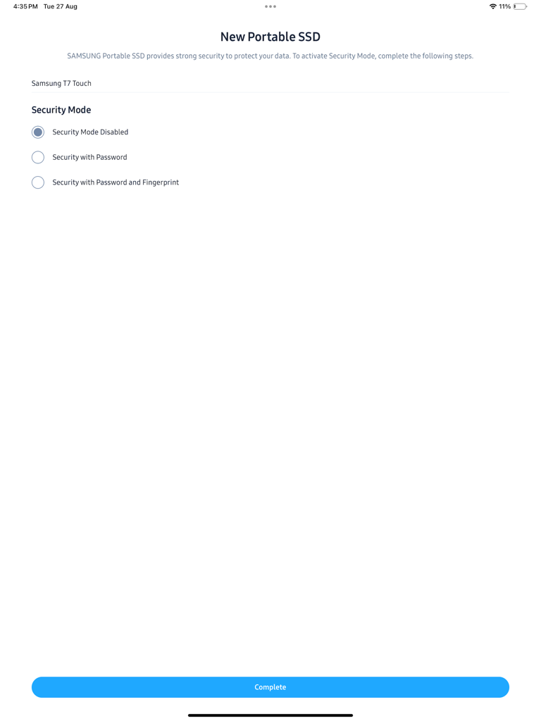 Interfaz de configuración del modo de seguridad en la aplicación Samsung Magician para un SSD portátil en iPad.