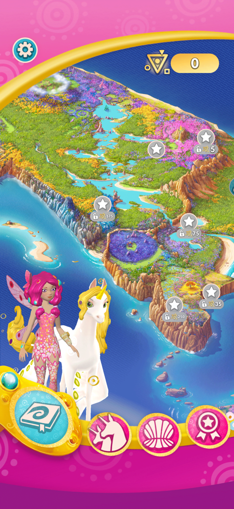 Mia and a white unicorn standing in front of a colorful game map of Centopia with level markers.