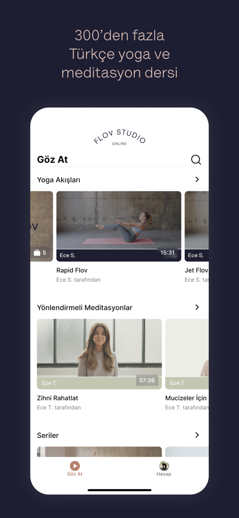 A mobile app interface for Flov Studio displaying yoga flows and guided meditation video categories.