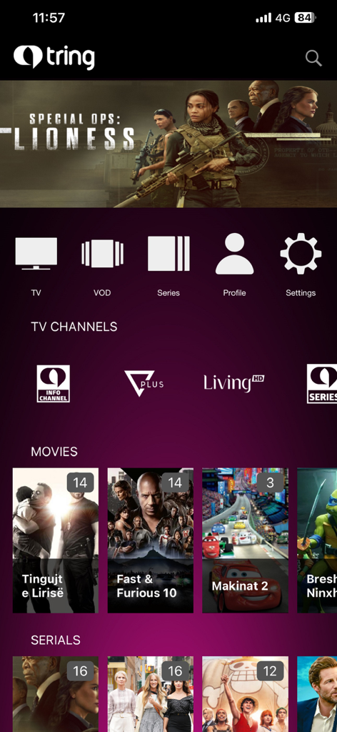 Tring TV - Tring TV Mobile App Dashboard mit Live-Kanälen, Filmen und Serien.