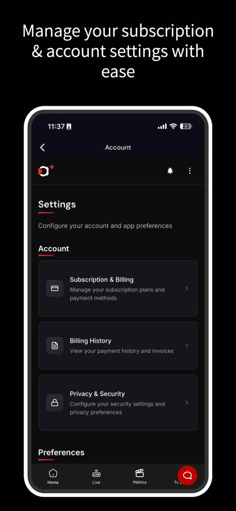 adesa plus app account settings screen showing subscription billing and privacy options