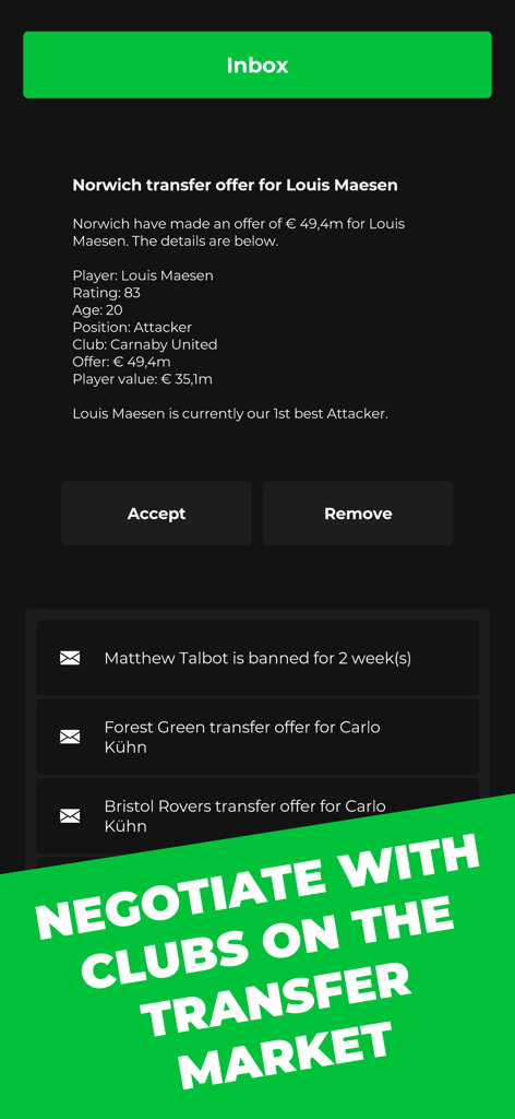 Club Boss - Football Game - Screenshot of a football club management game showing a transfer offer for a player in the inbox